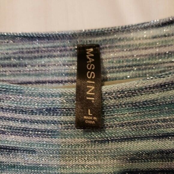 Massini Womens Sz L Blue Striped Short Sleeve Blouse - Picture 3 of 8